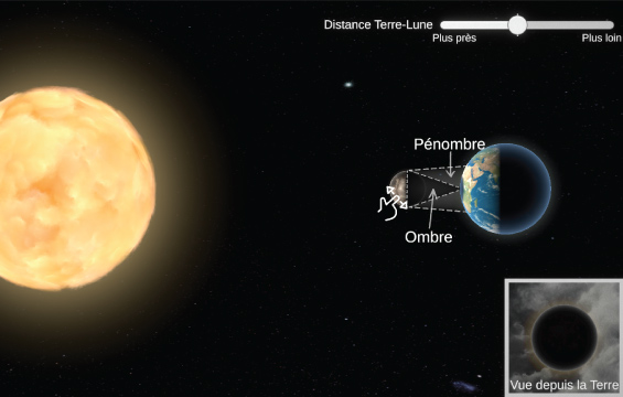 Capture d’écran du simulateur d’éclipses solaires montrant l’alignement du Soleil, de la Lune et de la Terre où une éclipse solaire totale devient visible. Au coin inférieur droit, la Lune à contrejour semble être de la même taille que le Soleil et l’occulte complètement.