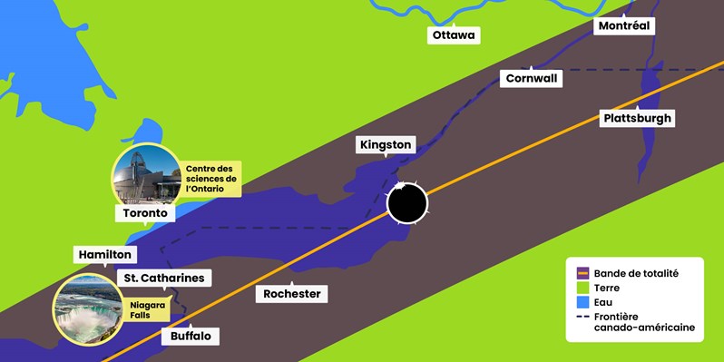 Map showing the path of totality of the solar eclipse in Canada on April 8, 2024, showing some cities where the totality will occur. Highlighted Canadian cities within the path of totality include Montreal, Cornwall, Kingston, Hamilton, St. Catharines and Niagara Falls. Toronto (including the Ontario Science Centre) lies just outside the path of totality.